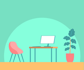 A work room with a desk and a computer, a comfortable chair and a home plant. Green background. Vector flat illustration.