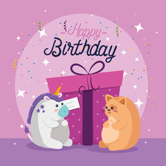 Unicorn and cat cartoon design, happy birthday celebration decoration party festive and surprise theme Vector illustration