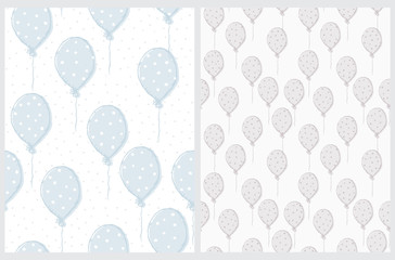 Seamless Vector Patterns with Hand Drawn Flying Balloons. Blue and Gray Dotted Balloons Isolated on a White Background.Cute Pastel Color Balloon Print Ideal for Fabric,Card, Invitation,Wrapping Paper.