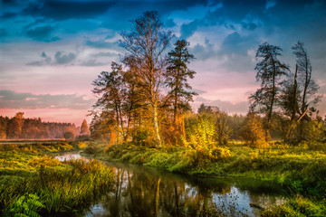 Obraz premium Small river in central Poland, illuminated by the sun.