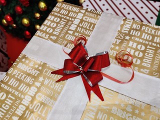 christmas gift with red ribbon and bow