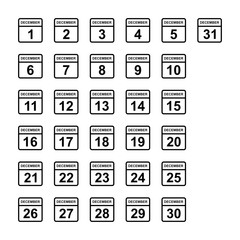 December calendar icons collection 1, 2, 3, 4, 5, 6, 7, 8, 9, 10, 11, 12, 13, 14, 15, 16, 17, 18, 19, 20, 21, 22, 23, 24, 25, 26, 27, 28, 29, 30, 31