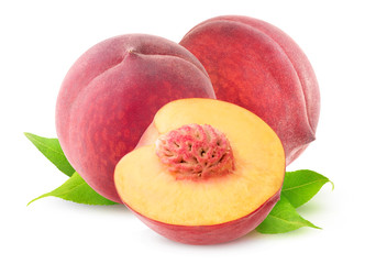 Isolated peaches. Two and a half pink peach fruits isolated on white background with clipping path