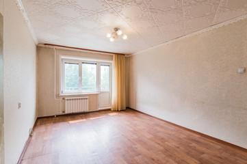 Russia, Moscow- July 23, 2019: interior room apartment. standard repair decoration in hostel. bright empty room without furniture