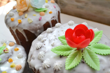 Russian homemade Easter cake with icing and meringue