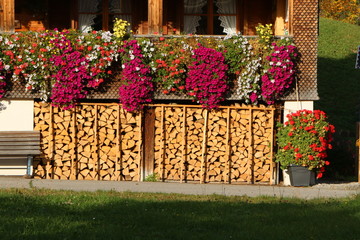 Österreich, Balkonblumen und Feuerholz, Petunien und Geranien an einem Balkon, darunter Holzstapel...