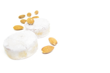 Background. Almond mantecado, polvoron on a white isolated background