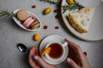 tasty breakfast with tea and cake