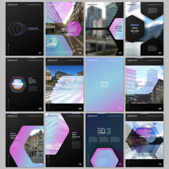 Creative brochure templates with hexagonal design purple color pattern background. Covers design templates for flyer, leaflet, brochure, report, presentation, advertising, magazine.
