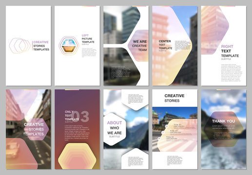 Creative social networks stories design, vertical banner or flyer templates with hexagonal design yellow color pattern background. Covers design templates for flyer, leaflet, brochure, presentation.