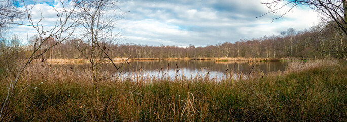 Peat lake in the Netherlands in autumn time ], beautiful blue sky and reflections in the water, picture taken in the province Drenthe nearby the village Steenbergen