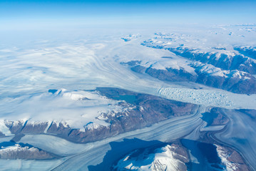 Greenland/ united kingdom of Denmark- september 28th 2019: Aerial landscape of Greenland with glacier and snow, - obrazy, fototapety, plakaty