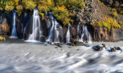 volcanic lava waterfall of Hraunfoss in Iceland