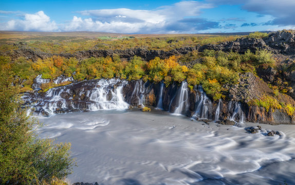 volcanic lava waterfall of Hraunfoss in Iceland