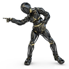 schwarzer humanoider Roboter zeigt etwas