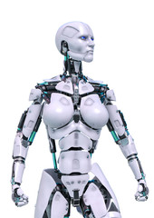 cyborg female angy in a white background