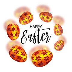 Happy Easter design.Flying colored bright realistic eggs and text on white background. Surround voluminous 3d vector illustration. Banner, frame, header, greeting card