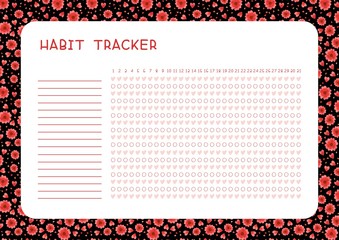 Habit tracker for month flat vector template. Planner page with red flowers and hearts on black background layout. Assignments blank timetable design