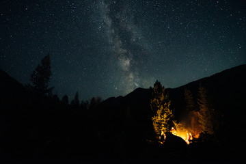 Friends sit around the fire at night and talk. Camp on a mountain hike. Starry sky over the forest....