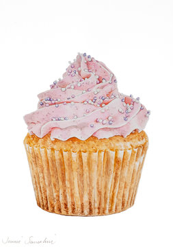 Watercolour painting illustration of a cup cake with pink icing and sprinkles.