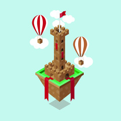 isometric castle game design and balloon
