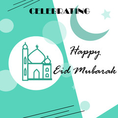 Celebrating. Happy Eid Mubarak islamic design crescent moon and mosque in the Green and White Background. Beautiful Happy Ramadan Kareem background design. Vector banner, Card, celebration of Muslim 