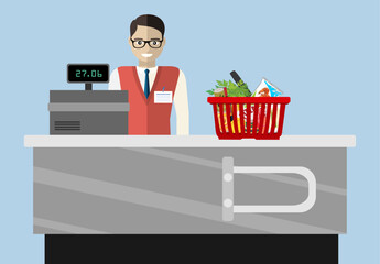Supermarket store counter desk equipment and clerk in uniform ringing up grocery purchases. Flat style vector illustration isolated on blue background.