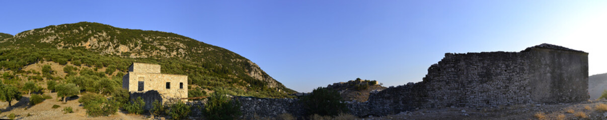 Fototapeta na wymiar Panoramic view to abandoned historical landmark in the albanian mountains.