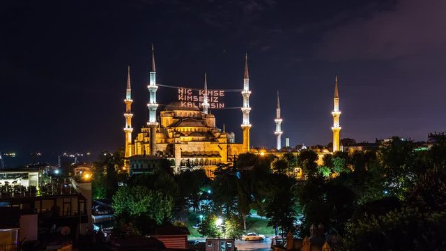 High angle view of The Blue Mosque during Ramadan, Istanbul, Turkey time lapse at night