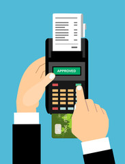 Hand of businessmen enters a pin code for a Bank card payment on pos terminal with approved on screen. Vector illustration in flat style
