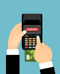 Hand of businessmen enters a pin code for a Bank card payment on pos terminal with rejected on screen. Vector illustration in flat style