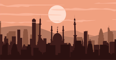 Silhouette of a mosque. Buildings silhouette cityscape with mountains. Modern architecture. Urban landscape. Horizontal banner with megapolis panorama. Vector illustration