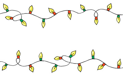Colorful Hand drawn doodle christmas lights. Cartoon horizontal garland, borders of light bulbs. New Year design elements. Vector seamless pattern with holiday festoons.