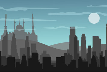 Код стокового векторного изображения без лицензионных платежей: 534343027  Silhouette of a mosque. Buildings silhouette cityscape with mountains. Modern architecture. Urban landscape. Horizontal banne