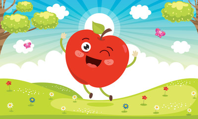 Happy Apple Character Playing At Nature