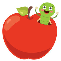 Red Apple And Cute Worm Cartoon