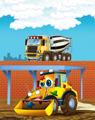 cartoon scene with digger excavator and concrete mixer or loader on construction site - illustration for children