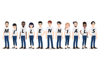 Cartoon character with Millennial generation people group. Young men and women standing together in white T-shirt and blue jean casual ,flat icon design vector