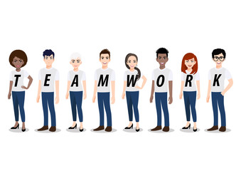 Fototapeta na wymiar Cartoon character with Teamwork concept. Young men and women standing together in white T-shirt and blue jean casual ,flat icon design vector