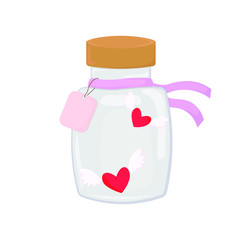 Vector graphics. Cute, beautiful illustration of bottle with hearts. Valentine's Day romantic template. Flat cartoon illustration. 