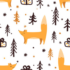Seamless Christmas pattern with forest trees, present box, and happy foxes. Happy New Year background. Xmas Vector design for winter holidays.