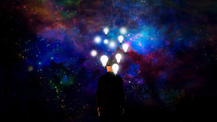 Fototapeta na wymiar Surrealism. Endless Ideas. Man in suit with light bulbs around him stands in vivid universe