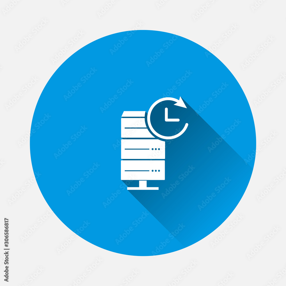 Poster vector data center icon. illustration server and clock icon on blue background. flat image with long