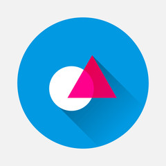 Vector triangle icon intersects with a circle icon on blue background. Flat image with long shadow.