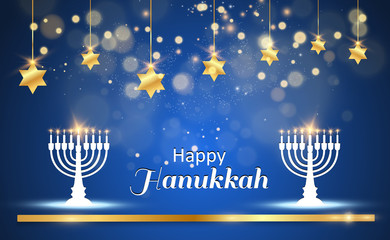 Hanukkah greeting card on a beautiful background with stars of David and an Israeli candlestick.