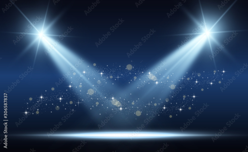 Poster white stage with spotlights. vector illustration with beautiful light and sparkles