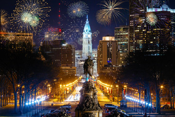 Colorful Fireworks  in Downtown Philadelphia, Pensilvania, USA. Cityscape celebrating New Years Eve...