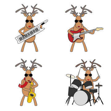 Christmas orchestra. Merry Christmas deer play musical instruments