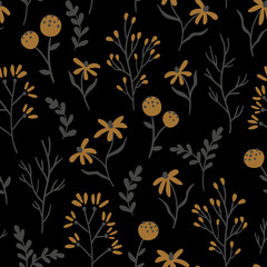 Floral ditsy vector seamless pattern. Texture design with small flowers and branches in graphic style on a black background. Trendy repeated pattern for fabric