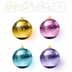 Colorful christmas balls with confetti. Vector illustration.
